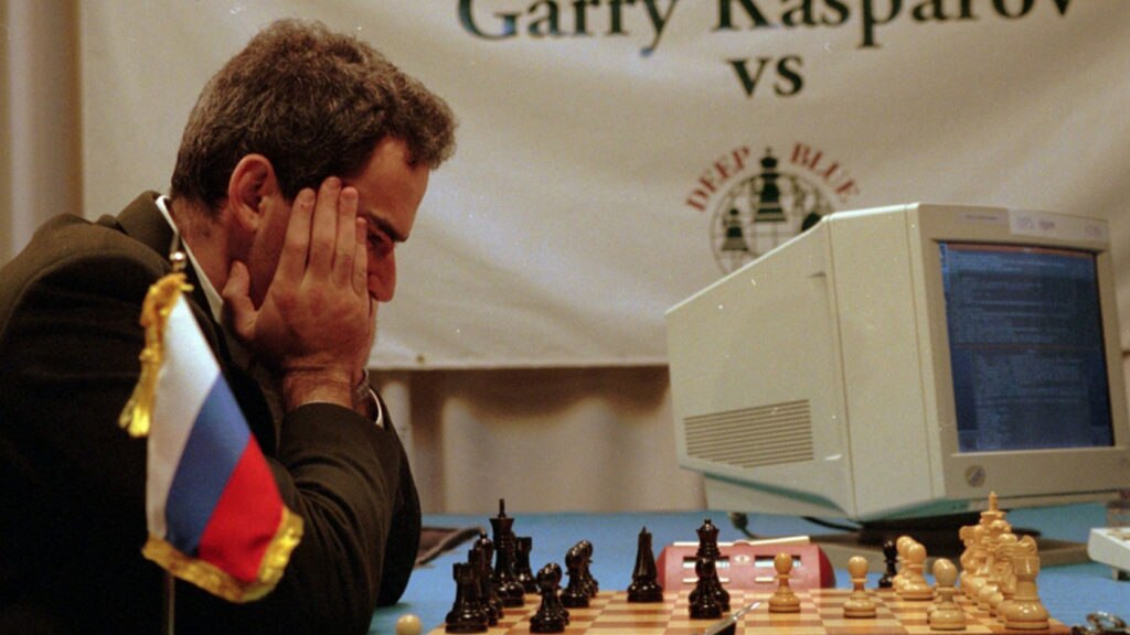 World Chess Champion Garry Kasparov losing to the IBM supercomputer Deep Blue.