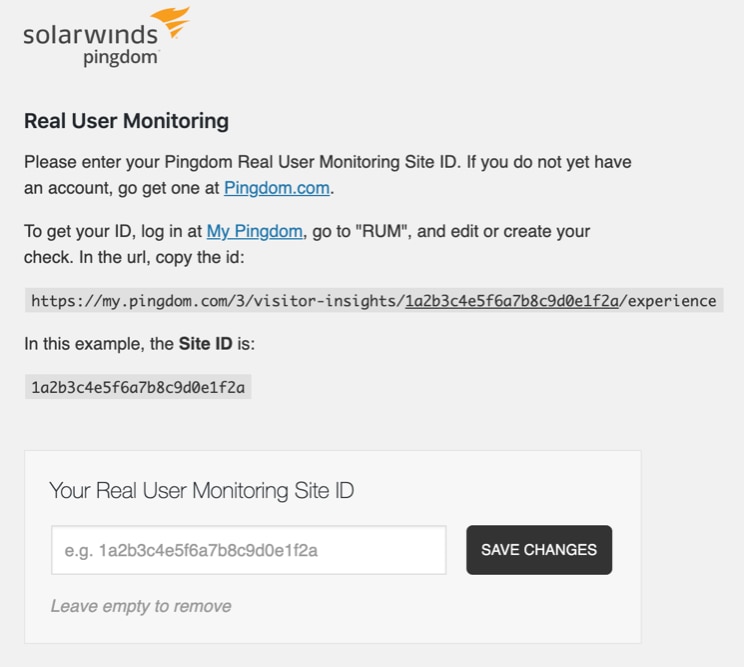 Instructions for enabling RUM and your real user monitoring site ID.