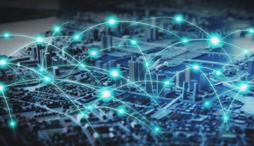 A digital city map overlaid with glowing blue network nodes and signal pathways, illustrating real‑time connectivity patterns and potential outage points across an urban environment.